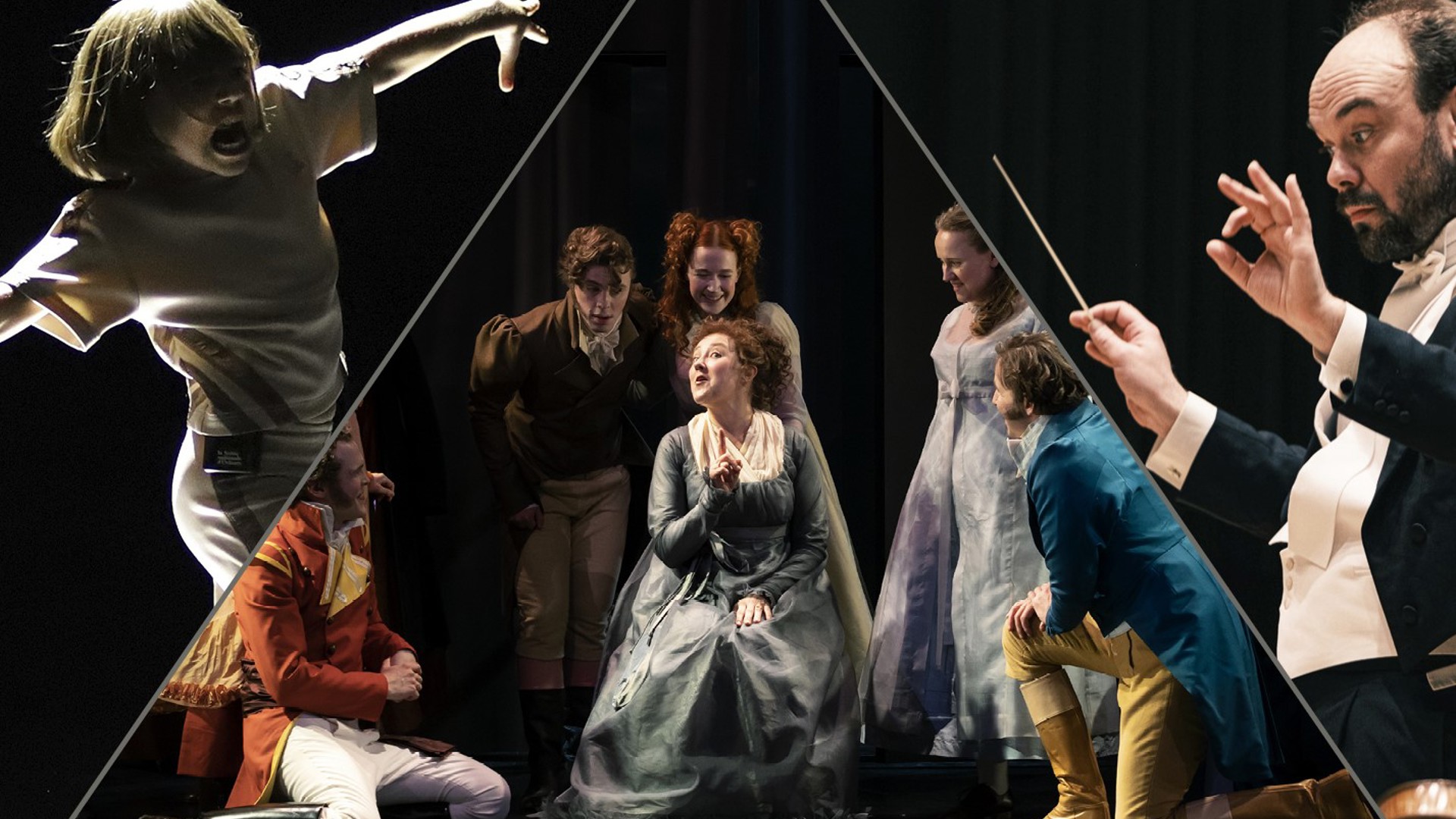 A collage of cultural events. A dancing child, a 19th century opera and a conductor.